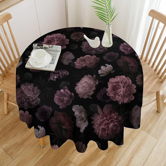 Vintage Florals Round Tablecloth, Gothic Summer Garden Peonies Flowers Rustic Roses Boho Botanical Plant Water Resistant Wipeable Table Cover for Picnic Party Holiday Kitchen Dinner Table 50"