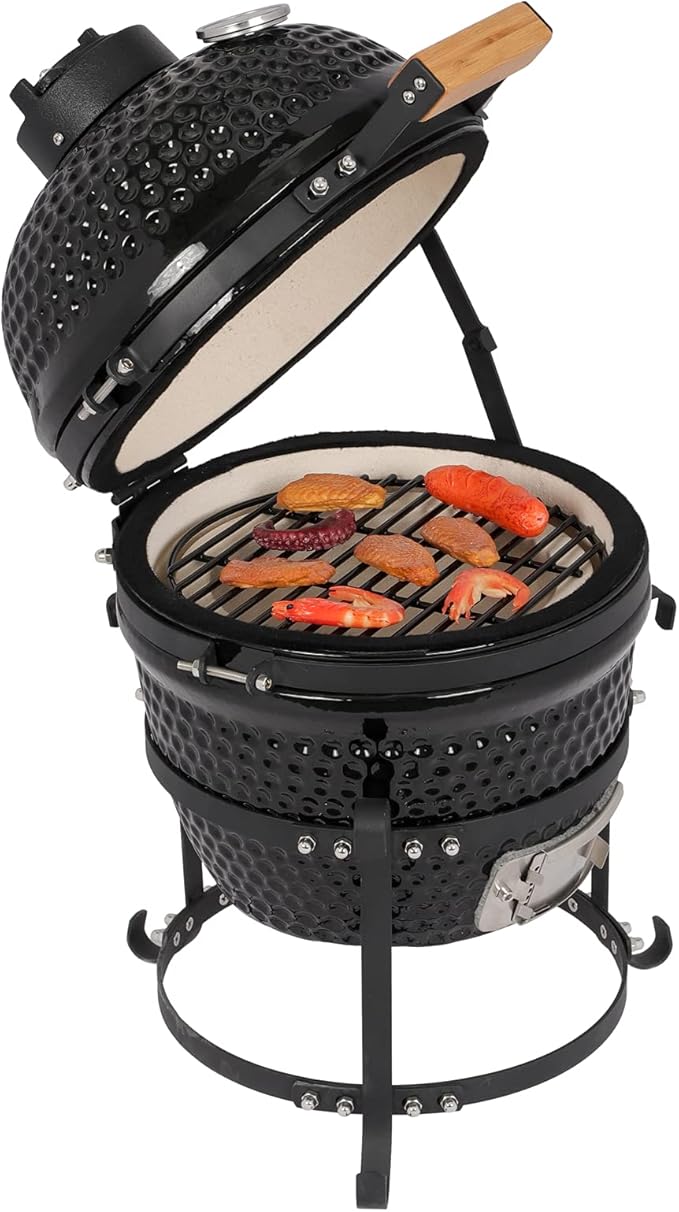 13-inch Portable Ceramic Charcoal Grill with Grill Stand, Stainless Steel Cooking Grate, Heat Deflectors (Black)