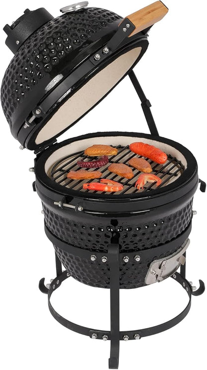 13-inch Portable Ceramic Charcoal Grill with Grill Stand, Stainless Steel Cooking Grate, Heat Deflectors (Black)