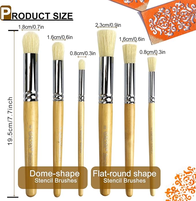 GACDR Wooden Stencil Brush Set, 6 Pieces Natural Hog Bristle Dome Stencil Brushes for Painting On Wood Wall, Stencil Projects, Card Making, DIY, Crafts and Acrylic Oil Watercolor Painting…