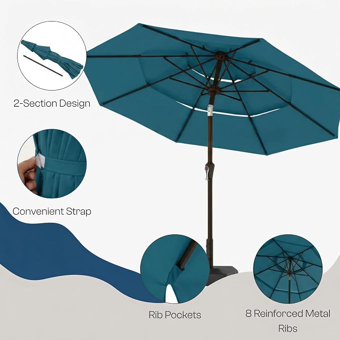 10ft 3 Tier Patio Umbrella, Outdoor Market Table Umbrella with UPF 50+ Vented Canopy, 8 Sturdy Ribs, Easy Push Button Tilt and Crank, Windproof for Deck, Pool, Backyard and Garden