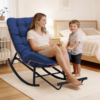 COMHOMA Outdoor Rocking Papasan Chair, Oversized Wicker Patio Rocker, Indoor Comfy Wicker Reading Lounge, Bed-Like Comfort Egg Chair for Bedroom,Balcony, Porch, Garden, Blue
