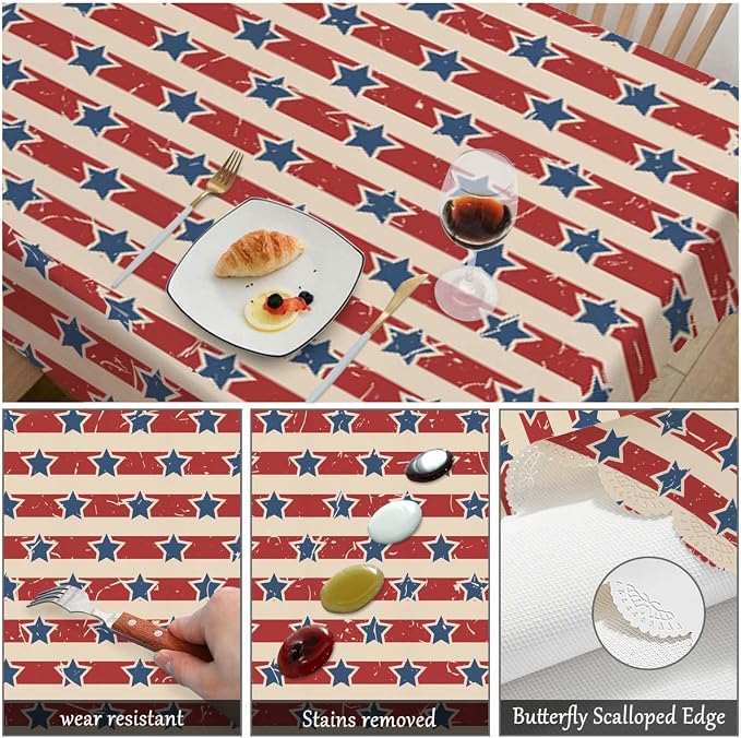 Swono Decorative Rectangle Table Cloth Independence Day, American Patriotic Stars and Stripes Polyester Tablecloth Kitchen Table Cover for Dining BBQ Picnic Coffee Table 50x72, 4-6 Seats