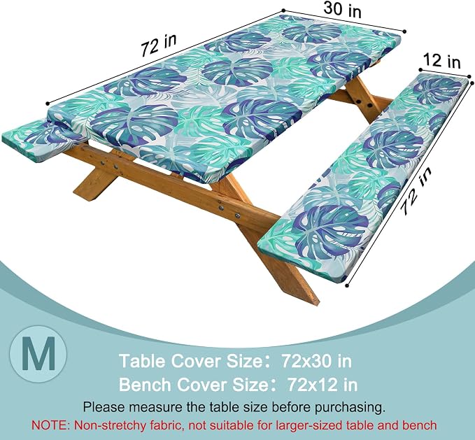 Picnic Table Cover with Bench Covers Windproof Waterproof Picnic Table Covers Camping Tablecloth with Self-Storage Bag, 72in, Tropical Aqua