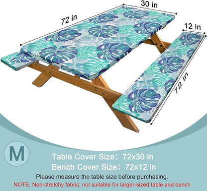 Picnic Table Cover with Bench Covers Windproof Waterproof Picnic Table Covers Camping Tablecloth with Self-Storage Bag, 72in, Tropical Aqua