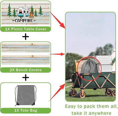 JAWO Rustic Camper Picnic Table Cover with Bench Covers, Flowes Boho Floral Camping RV Essentials Gear Supplies Outdoor Waterproof Windproof Tablecloth with Elastic, 72in