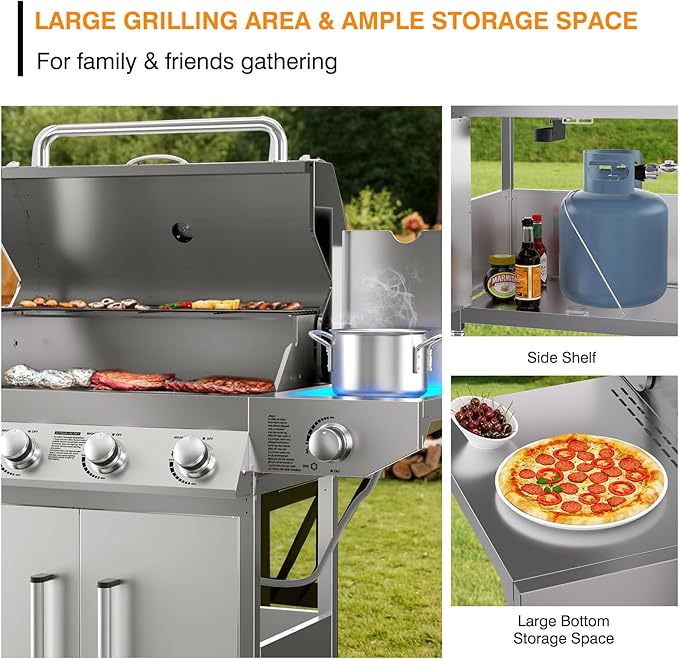 4 Burner Propane BBQ Grill with Side Burner, Stainless Steel Gas Grill with Built-in thermometer, 58,000 BTUs Output for Outdoor Cooking and Patio Backyard Barbecue