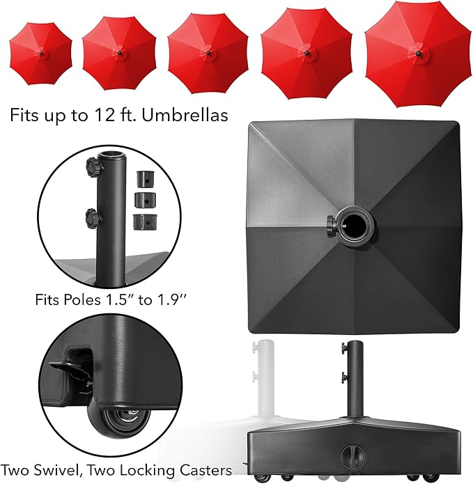 Casafield Patio Umbrella Base – Fillable to 180 lbs. Weighted Stand with Wheels for Outdoor / Lawn or Pool Deck Umbrellas up to 12 FT - Black