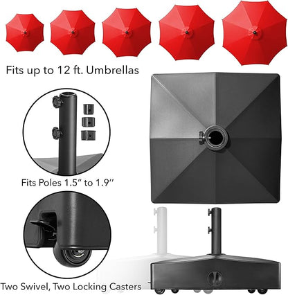 Casafield Patio Umbrella Base – Fillable to 180 lbs. Weighted Stand with Wheels for Outdoor / Lawn or Pool Deck Umbrellas up to 12 FT - Black