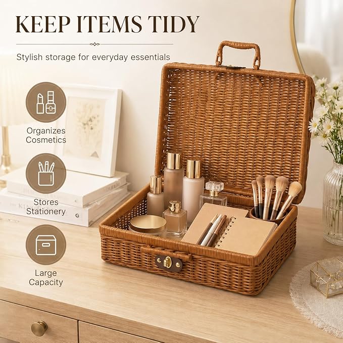 Wicker Picnic Basket, Decorative Prop Suitcase Vintage Storage Hamper Makeup Organizer, Metal Lock Rattan Storage Box with Handles for Sundries Travel Camping and Outdoor Party (Brown, XL)