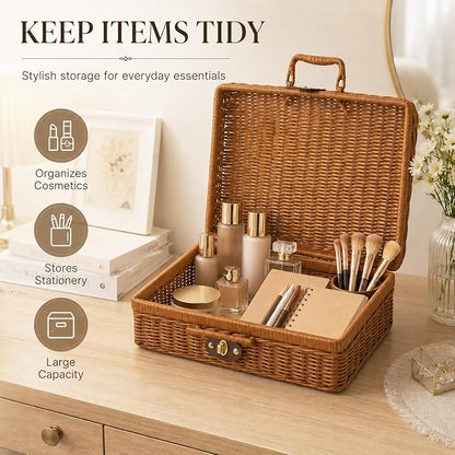Wicker Picnic Basket, Decorative Prop Suitcase Vintage Storage Hamper Makeup Organizer, Metal Lock Rattan Storage Box with Handles for Sundries Travel Camping and Outdoor Party (Brown, XL)