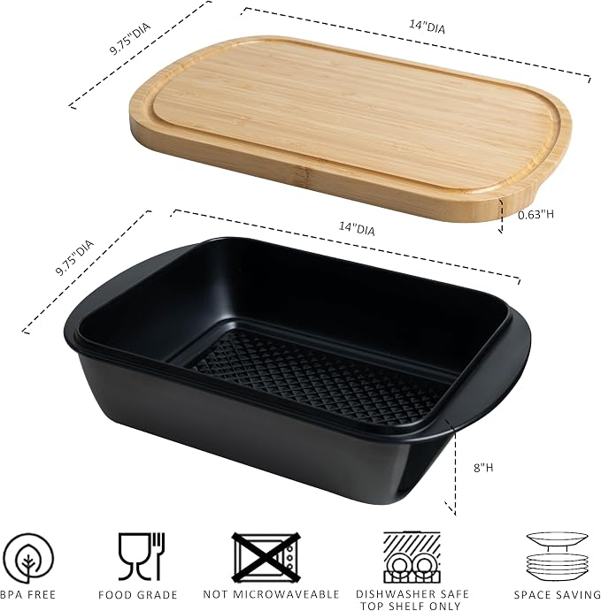 Grill Marinade Tray with Wood Lid, Grill Serving Platter Set, Barbeque Prep Platter Sets, 2 Piece Melamine Prep and Store Tray with Cutting Board for Grill, Meal Prep, Barbeque, Black
