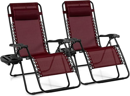 Giantex 2 PCS Zero Gravity Chair, Outdoor Chaise Lounge with Cup Holder, Patio Folding Chairs Recliner for Yard Pool Lawn Balcony, Burgundy