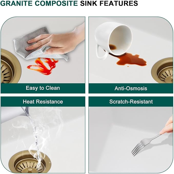 Granite kitchen Sink - 32 Inch White Undermount Kitchen Sink Workstation Single Bowl White Quartz Composite Sinks Basin with Gold Drain Assembly, 32"x19" #TLGU-104
