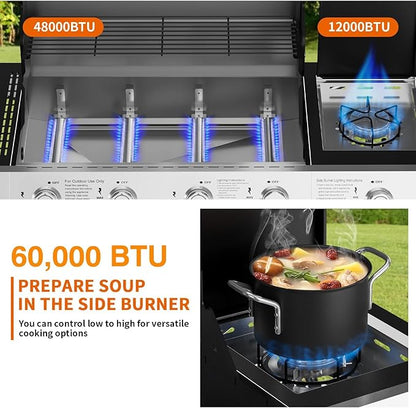 SKOK 4-Burner Led Gas BBQ Grill with Side Burner & Visual Glass, Barbecue Grill,60,000 BTU Stainless Steel Propane Grill 629 Sq. In. Grilling Area