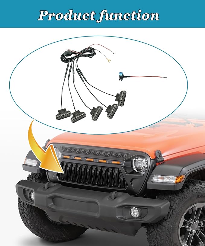 5 PCS Amber Led Grill Lights Fits for 2024-2025 Jeep Wrangler JL JLU & Gladiator JT Original Factory Grille with Fuse Adaptor