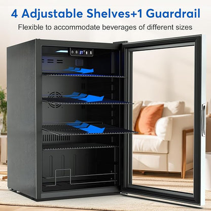FoMup Beverage Refrigerator 150 Can with Glass Door – Mini Drink Cooler with Reversible Door, Safety Lock & Temperature Control, Small Fridge for Beer Soda Wine, Compact for Dorm Office Hotel