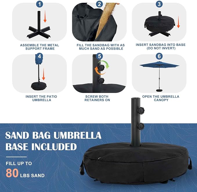 Sundale Outdoor 88 LED 10 FT Solar Patio Umbrella with Base, Navy | Sand Bag Umbrella Base, Tilt, Crank, Solar Lights