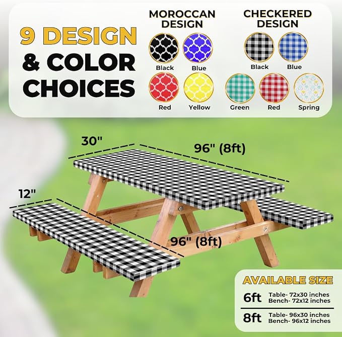Vinyl Fitted Picnic Table Cover with Bench Covers & Bag 8ft Black Checkered | Vinyl Fitted Picnic Table Cover with Bench Covers and Bag, Outdoor Waterproof Windproof Picnic Tablecloth with Elastic Edges.