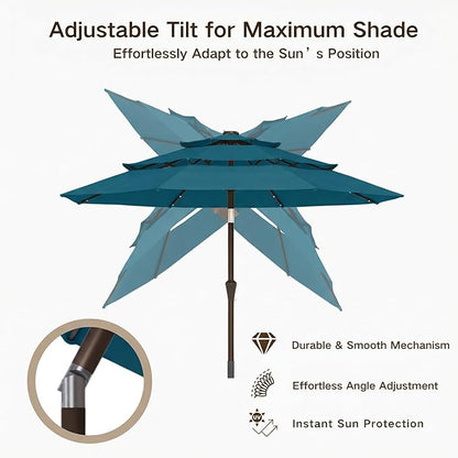 Kingdura 10ft 3-Tier Patio Umbrella with Solar Lights, Table Umbrella Outdoor Patio with Easy Crank & Tilt, 8 Sturdy Ribs, UV Protection, 32 LED Lights for Deck, Poolside, Market (Lake blue)