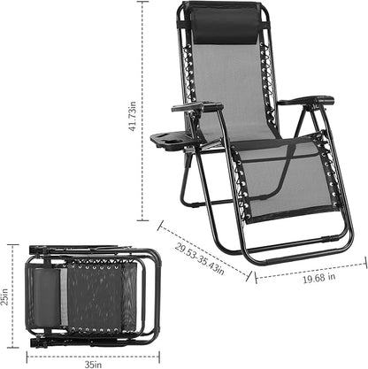 Sweetcrispy Zero Gravity Chairs, Set of 4 Portable Recliner Beach Camping Patio Outdoor Folding Lounge Chair with Cup Holder Trays and Adjustable Pillow for Poolside, Garden, Backyard, Lawn, Black