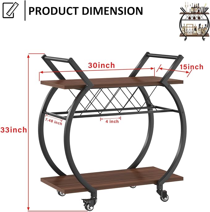 LVB Modern Bar Cart, Industrial Rolling Wine Cart with Wine Rack, Walnut | Coffee Liquor Drink Cart with Storage and Wheels, Wood and Metal Kitchen Microwave Beverage Cart for Home