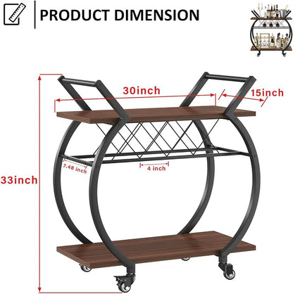 LVB Modern Bar Cart, Industrial Rolling Wine Cart with Wine Rack, Walnut | Coffee Liquor Drink Cart with Storage and Wheels, Wood and Metal Kitchen Microwave Beverage Cart for Home