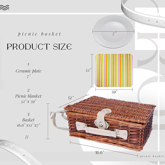 Wicker Picnic Basket Set for 4, Blanket, Cooler Bag, Rainbow Stripe | Four-Person Wicker Set Includes Tableware, Insulated Food Storage and Waterproof Blanket for Parks, Camping, Dates and Gifts