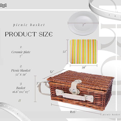Wicker Picnic Basket Set for 4, Blanket, Cooler Bag, Rainbow Stripe | Four-Person Wicker Set Includes Tableware, Insulated Food Storage and Waterproof Blanket for Parks, Camping, Dates and Gifts