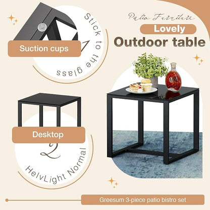 Greesum 3 Pieces Outdoor Furniture Set Patio Bistro Rocking Chairs with Glass Coffee Table for Pool Beach Backyard Balcony Porch Deck Garden, Gray