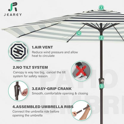 JEAREY 11' Patio Umbrellas Outdoor Table Market Umbrella w/Crank, 8 Sturdy Ribs, UV Protection Windproof for Garden, Deck, Backyard, Pool(Beige & Black Striped)