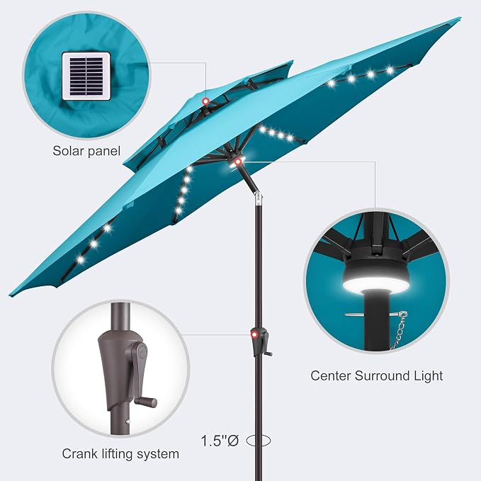 Solar Patio Umbrella Outdoor with Centre Light, 9 ft Aqua Blue | 2 Tiers, 40 LED Lights, UV Protection, Solar Outdoor Umbrella for Porch, Deck, Pool, Garden, Provides Evening Lighting