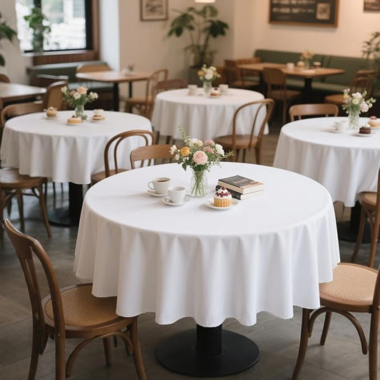 MRJ 6 Pack White Table Cloth 70 Inch Round Polyester Tablecloth Fabric Washable Table Cover for Wedding Dining Outdoor
