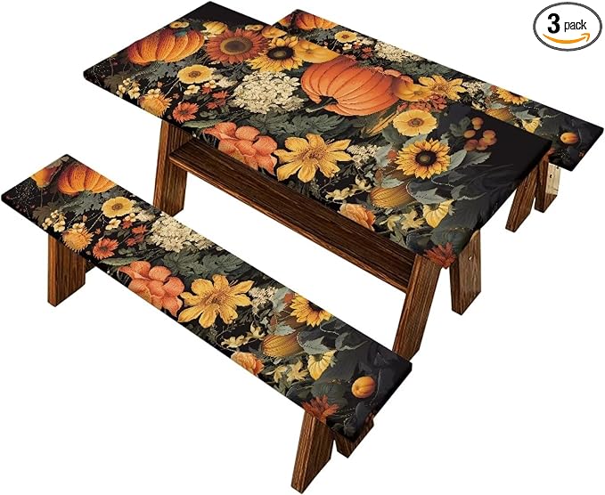 Fall Picnic Table Cover for Outdoor Camping Pumpkin Sunflower Elastic Fitted Table Cloth for Camping Party Supplies 3 PCS Set