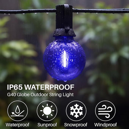 50 FT Blue Outdoor String Lights G40 Globe Shatterproof Patio Lights,26 Plastic Edison Bulbs(2 Spare) IP65 Waterproof Dimmable LED Bulbs for Backyard Porch Balcony Party Decor, E12 Base