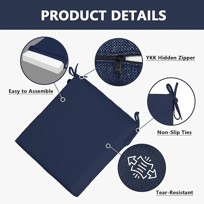 Goodgoods 20 x 20 Outdoor Chair Cushions Set of 4, Fade-Resistant & Water-Resistant Patio Seat Cushion Pads with Ties, 30D High-Resilience Foam for Dining Room Kitchen Chairs, Indigo