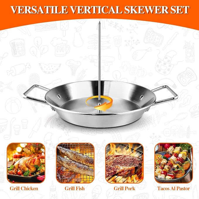 Al Pastor Skewer for Grill, 304 Stainless Steel Vertical BBQ Stand with 3 Removable Spikes (6",8",10",12",14") - Heavy-Duty Shawarma Rotisserie for Tacos, Gyros, Kebabs, Smoker Oven