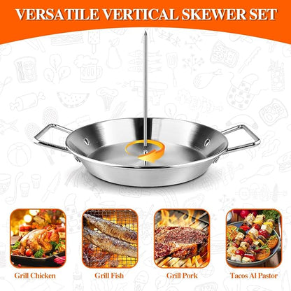 Al Pastor Skewer for Grill, 304 Stainless Steel Vertical BBQ Stand with 3 Removable Spikes (6",8",10",12",14") - Heavy-Duty Shawarma Rotisserie for Tacos, Gyros, Kebabs, Smoker Oven