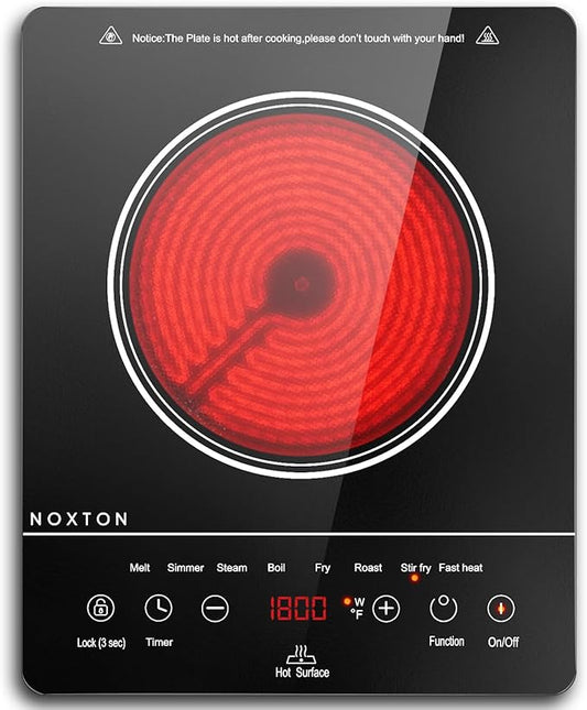 Noxton Portable Electric Stove 110V, 1800W Single Burner Electric Cooktop, Countertop Burner Electri Hot Plate, 4 Hour Timer, 9 Power Level, Child Safety Lock, Compatible with All Cookware(Black)