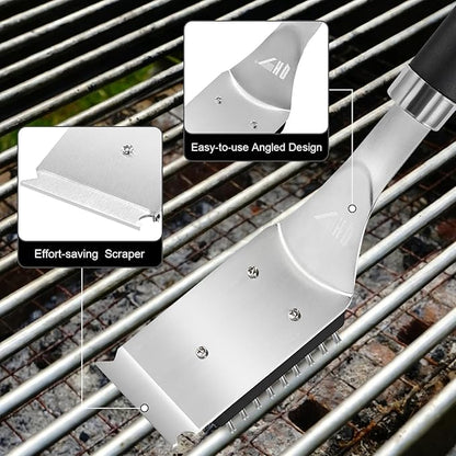 BBQ Grill Cleaning Brush with Scraper, 17'' Stainless Steel Grill Grate Cleaner with 2 Replaceable Stainless Steel Bristles Heads, Safe BBQ Accessories for Charcoal & Electric Grills