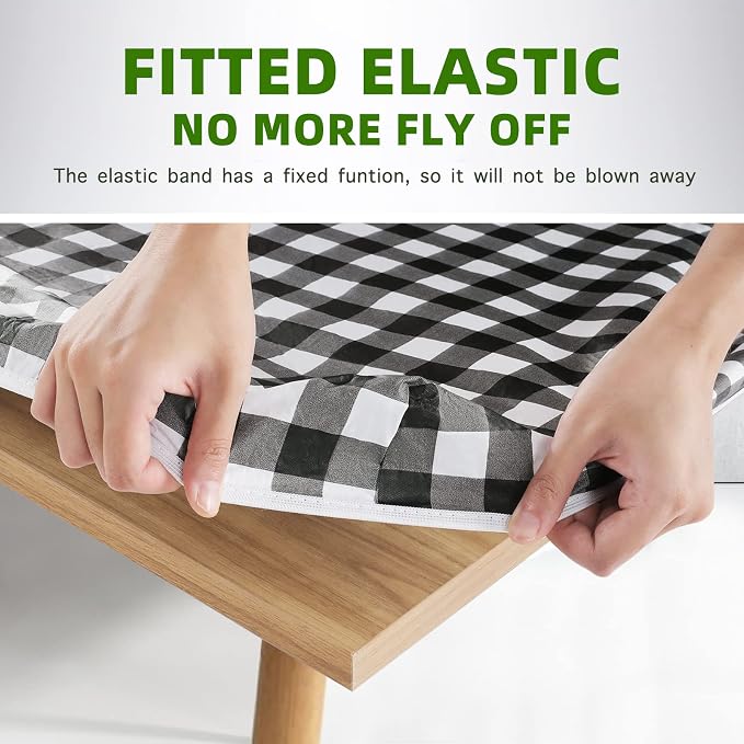 UMINEUX Picnic Table Cover with Bench Covers Fitted Table Clothes for 6 Foot Rectangle Tables Vinyl Flannel Backing with Elastic Edge -for Outdoor/Indoor Party&Dining(30x72 Inch,3-Pieces, Black Plaid)