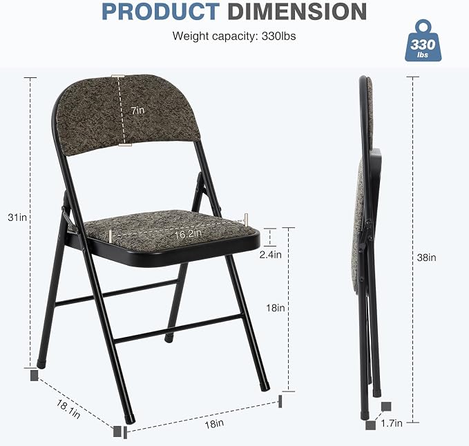 DUMOS 8 Pack Folding Chairs with Padded Cushion and Back - Fabric Stackable Portable Dining Chairs Set, for Home and Office, Conference, Wedding, Party, Patio, Garden, for Indoor Outdoor, Black Grey