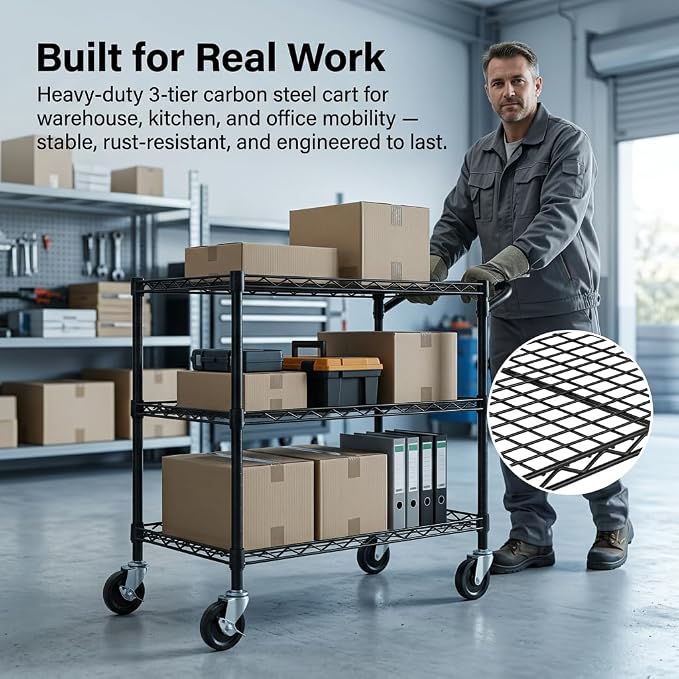 Finnhomy 3 Tier Heavy Duty Commercial Grade Utility Cart, Wire Rolling Cart with Handle Bar, Steel Service Cart with Wheels, Kitchen Carts on Wheels, Metal Cart Shelf Size 18" D x 36" W, NSF, Black