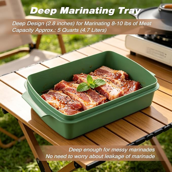 Sunmei Grill Prep and Serving Trays, 3-in-1 Stackable BBQ Food Tray, 5PCS BBQ Serving Set with Marinating Container, Serving Platter, Cutting Board and 2PCS Colored 12-Inch Grill Tongs (Green)