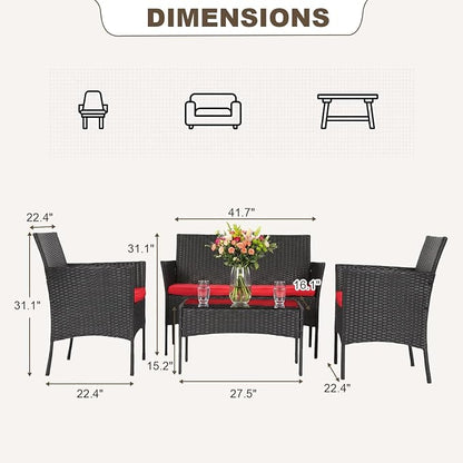 FDW | 4-Piece Patio Furniture Set | Red | Outdoor Wicker Furniture with Coffee Table | Modern Rattan Chairs Conversation Set | Outdoor Seating | Weather-Resistant | for Porch, Garden, Lawn