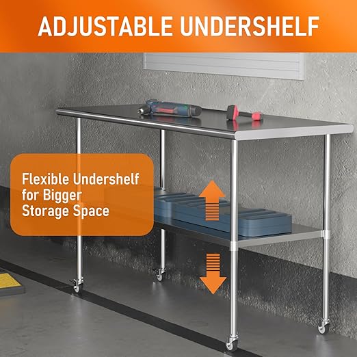 Stainless Steel Table with Wheels for Food Prep & Work 30" x 60" Utility Table with Adjustable Undershelf, Commercial Workstation in Kitchen, Garage, Home and Hotel