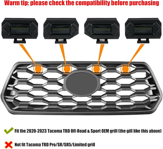 Seven Sparta 4 PCS Grill Led Lights with Fuse Adaptor Compatible with 2020-2023 Toyota Tacoma TRD Off Road & Sport OEM Front Grille, Half-Cover (White Light with Black Shell)