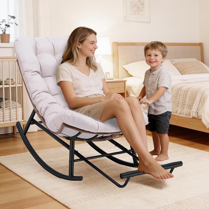 COMHOMA Outdoor Rocking Papasan Chair, Oversized Wicker Patio Rocker, Indoor Comfy Wicker Reading Lounge, Bed-Like Comfort Egg Chair for Bedroom,Balcony, Porch, Garden, Beige