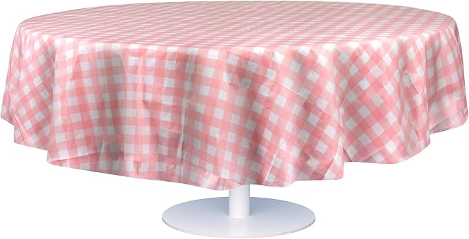 Grandipity 12 Pack Premium Disposable Plastic Tablecloth 84" Inch Decorative Round Table Cover - Pink Checkered Gingham