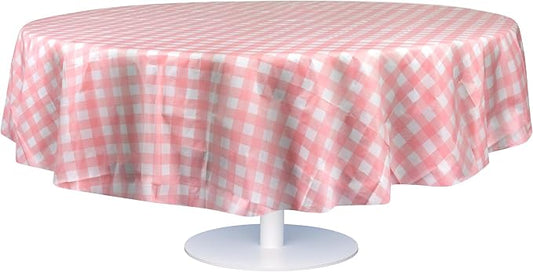 Grandipity 12 Pack Premium Disposable Plastic Tablecloth 84" Inch Decorative Round Table Cover - Pink Checkered Gingham